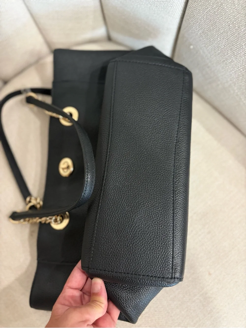 Coach Black Pebbled Leather Tote with Gold Chain Accents